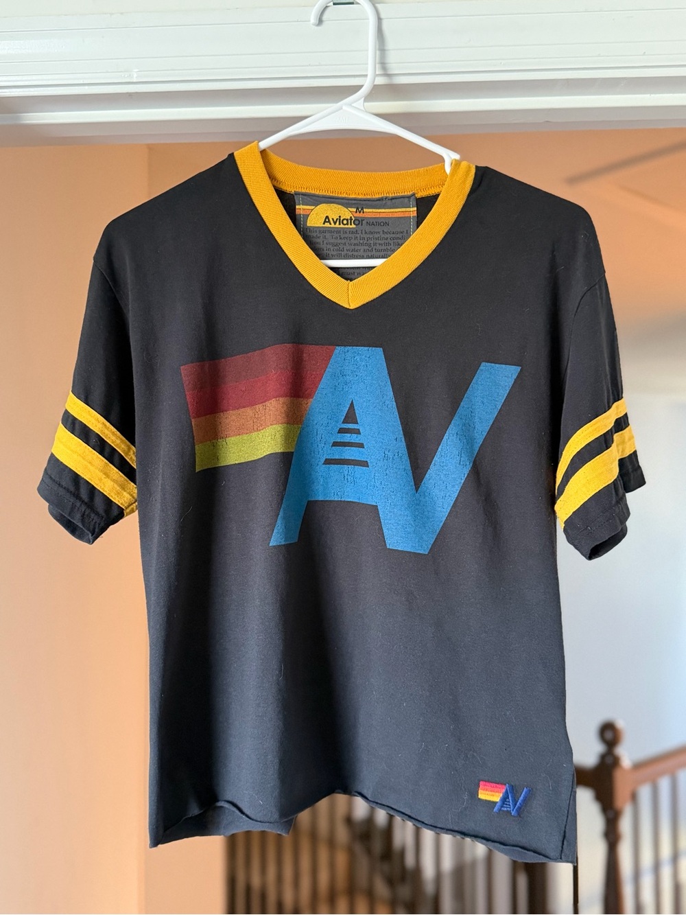 NWOT Aviator Nation Logo V-Neck Jersey Boyfriend Tee Black Gold Rainbow. Medium